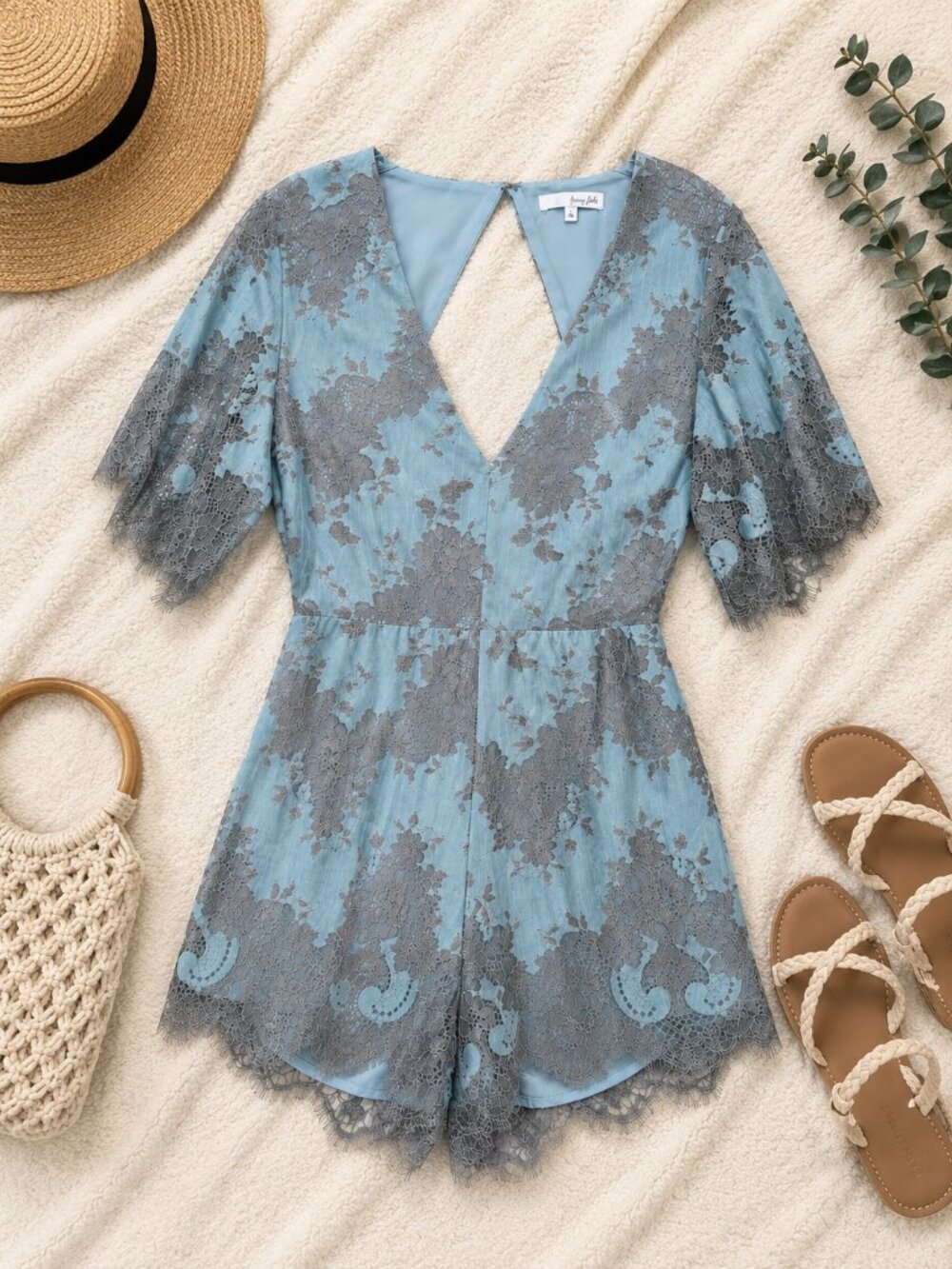 Honey Belle Blue Gray Lace Romper Women's Size S Boho Chic
